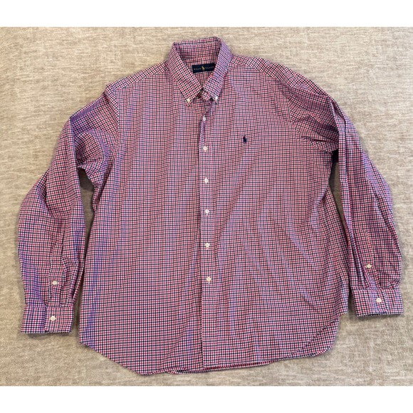 Ralph Lauren Men's 2XL Red Blue Gingham‎ Classic Fit Blue Pony Shirt - Picture 1 of 8